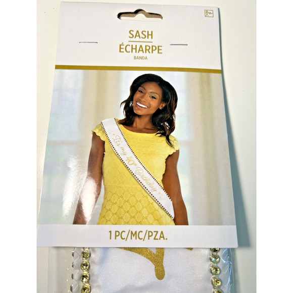 40th Birthday Sash Gold & White 30" Fabric Sash With Gold Sequin Embellishments - Picture 3 of 6